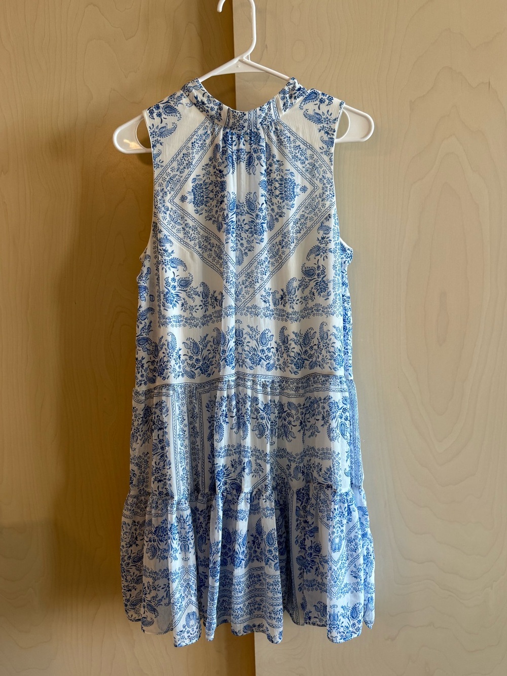 Calvin Klein Blue & White Sleeveless Tie-Neck Tiered Mini Dress